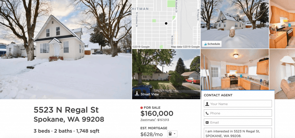 A home for sale (as of 02-2019) in Hillyard, Spokane, WA.