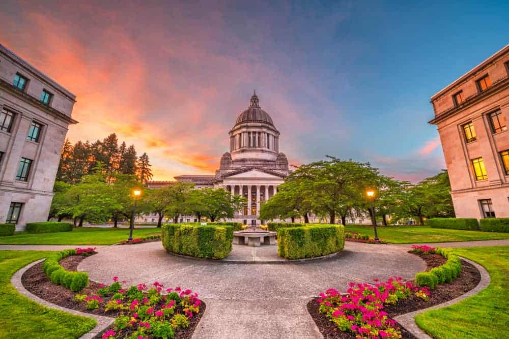 A view of Olympia, Washington government building during twilight. 