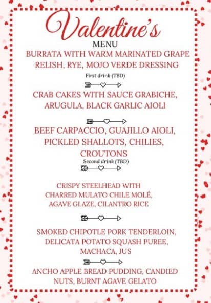 Kismet in Spokane, WA Valentine's Day menu including burrata, beef carpaccio, and bread pudding for dessert.